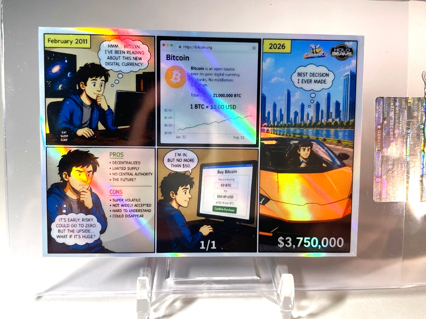 BITCOIN Card Mini Comic "Okay But Only $50" Supercar GleeBeeCo Holo Beams 1/1