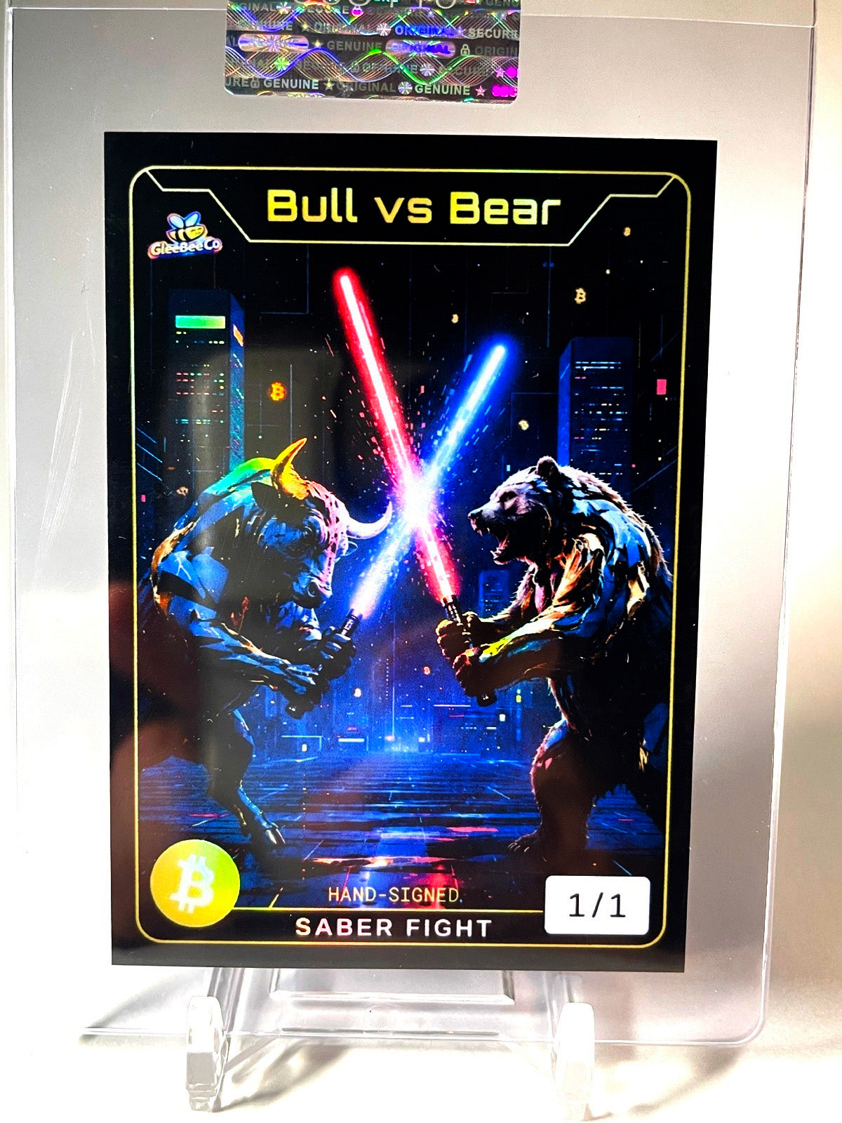 1/1 BITCOIN Card Bull vs Bear Saber Fight 2026 GleeBeeCo Holo Fun Auto