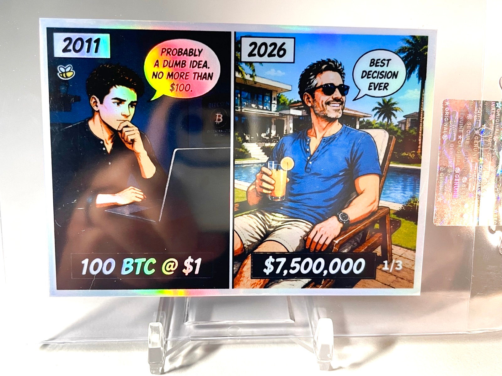 /3 BITCOIN Card Probably Dumb Idea Comic $100 = $7.5M Pool GleeBeeCo Holo Fun