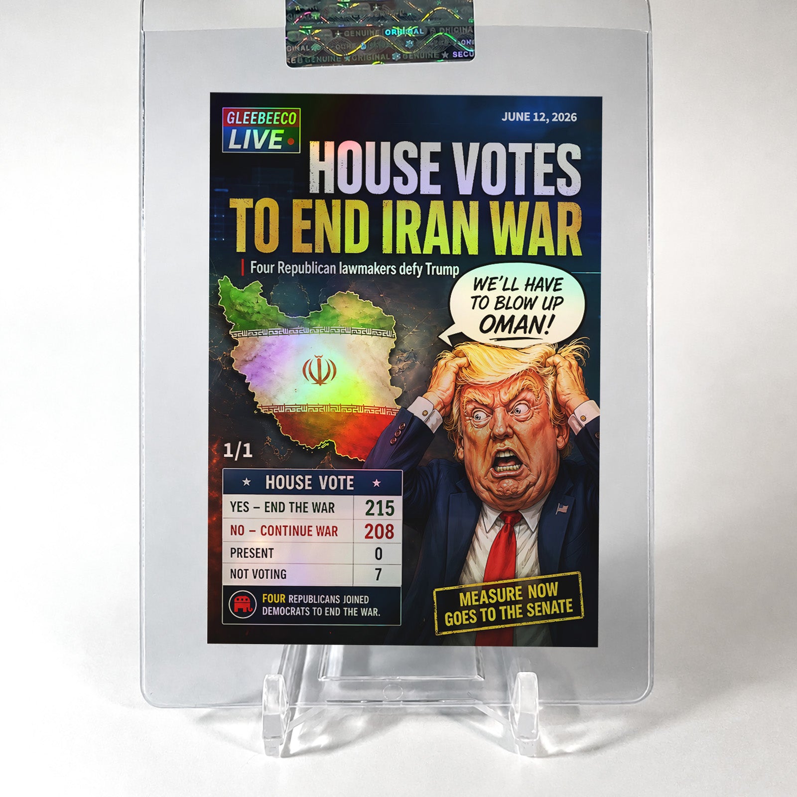 Donald Trump 1/1 Card House Votes to End Iran War GleeBeeCo Political Cartoon
