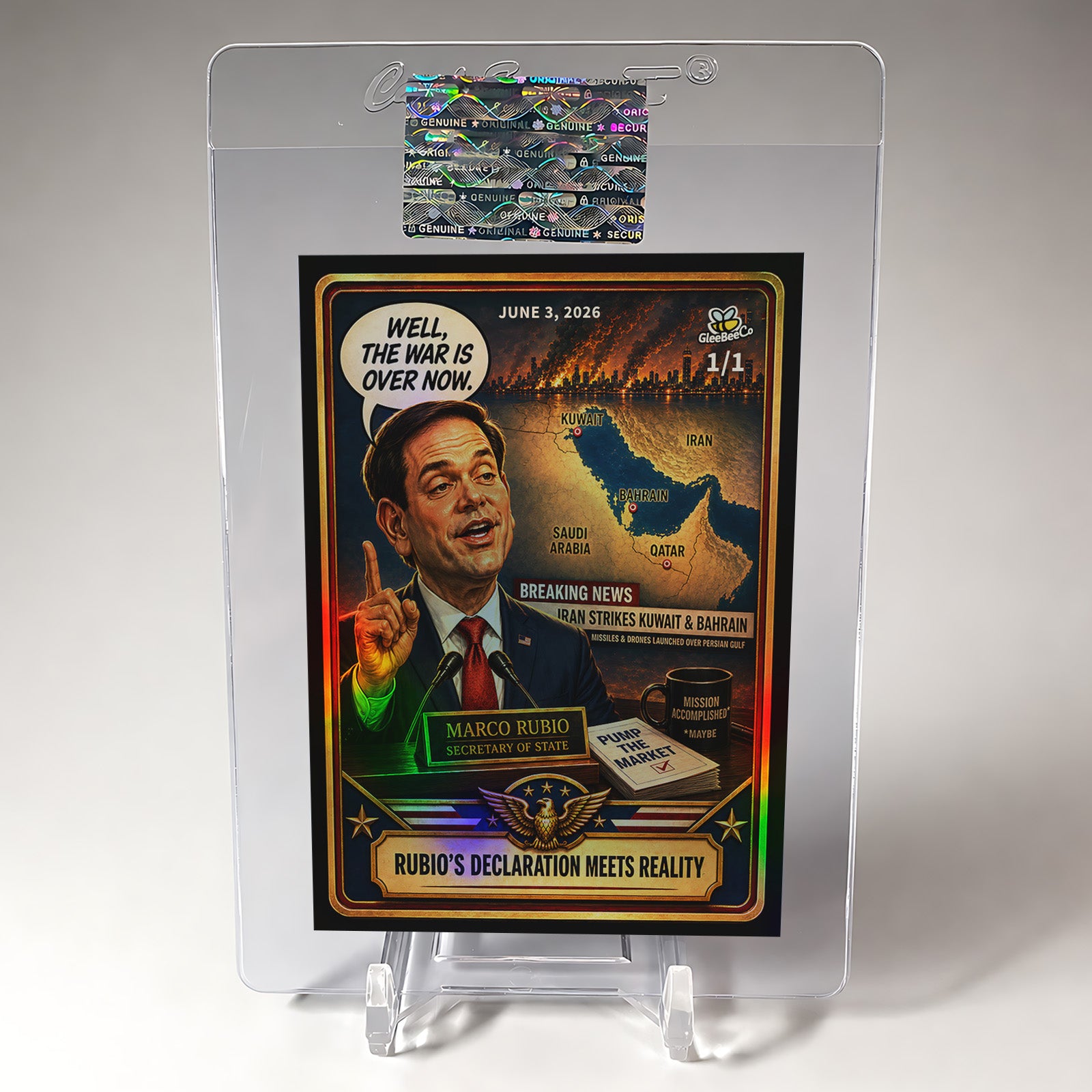 Marco Rubio Card War is Over (Iran Attacks Kuwait) GleeBeeCo Political 'toon 1/1