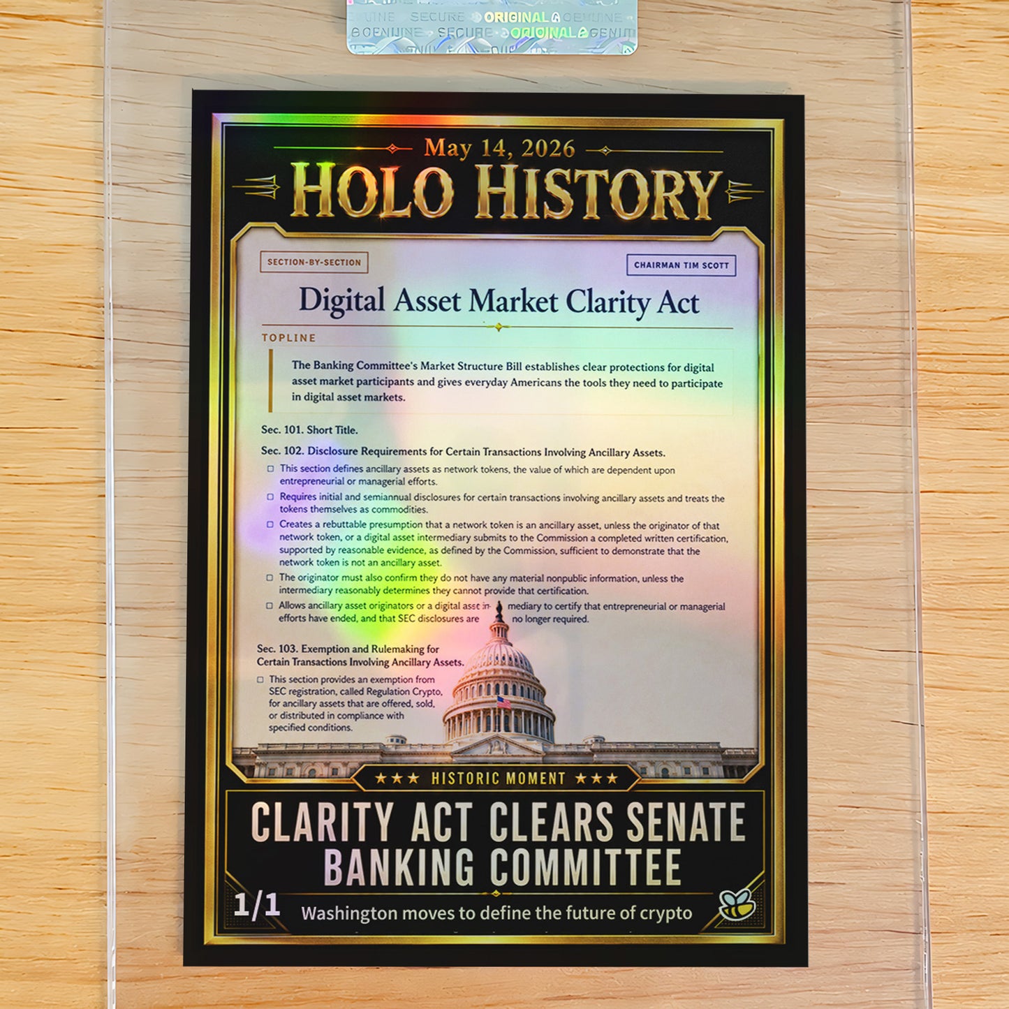 1/1 Clarity Act Crypto Card - Clears Senate Committee - GleeBeeCo Holo History