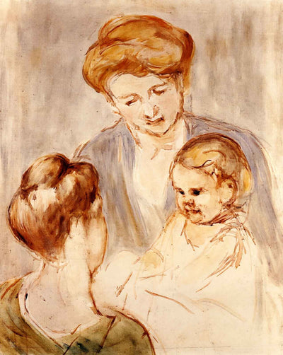 A Baby Smiling at Two Young Women art print by Mary Cassatt (1873)