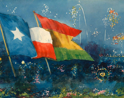 Battle of Flowers Display with Two Flags and Fireworks