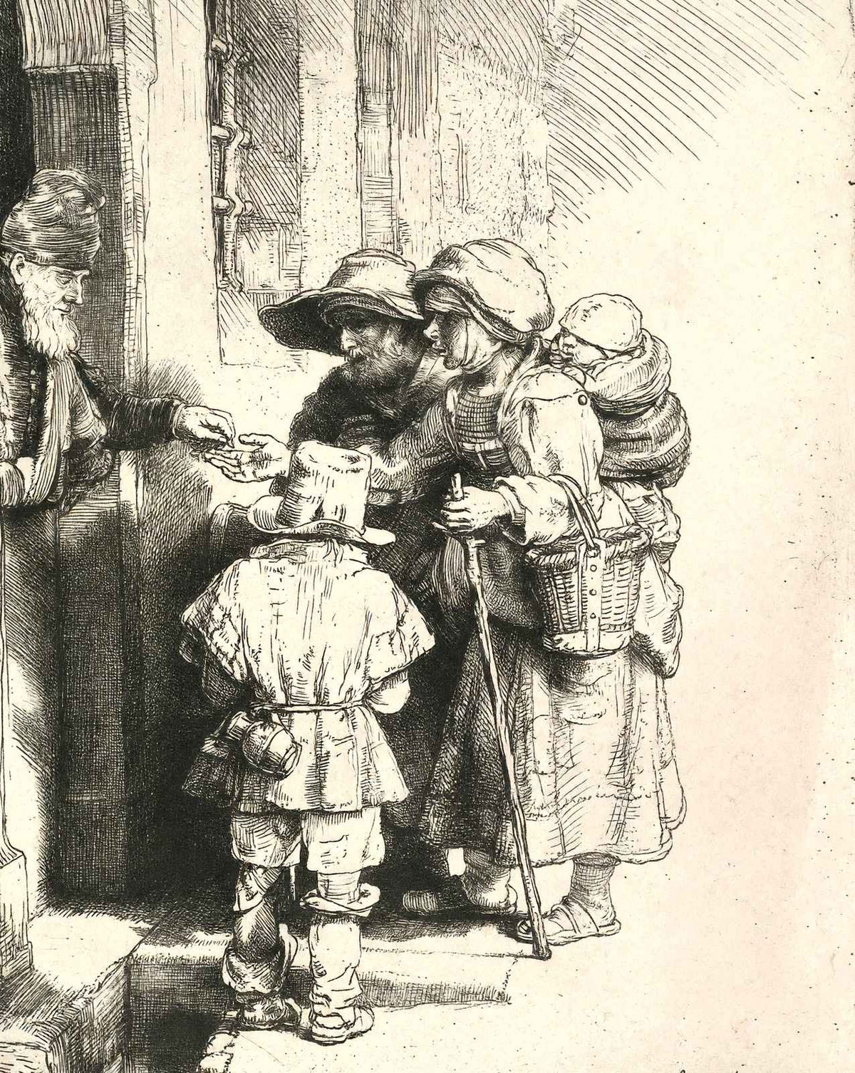 Beggars on the Doorstep of a House fine art print by Rembrandt (1648)
