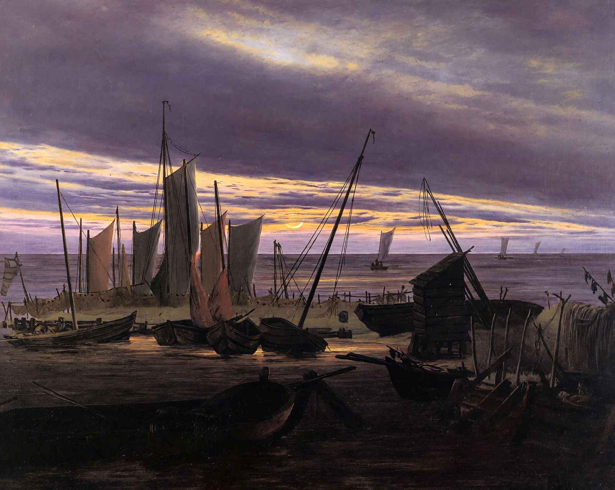 Boats in the Harbour at Evening fine art print by Caspar David Friedrich (1828)