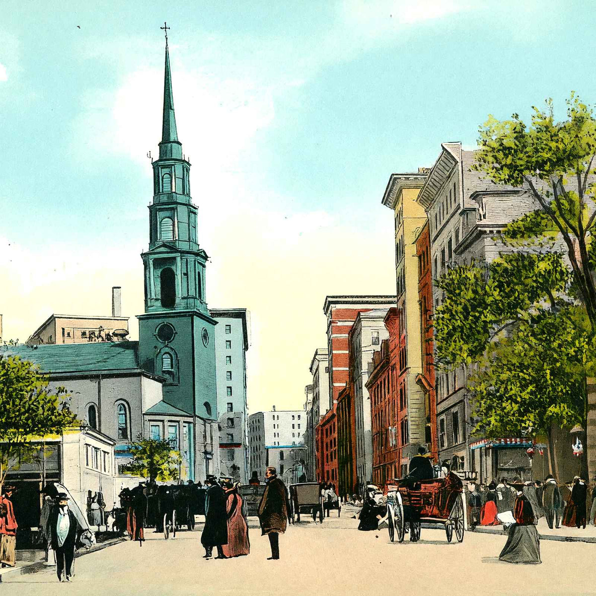 Tremont St Showing Park St Church, Boston, MA in 1907 Vintage Print (7 Sizes)