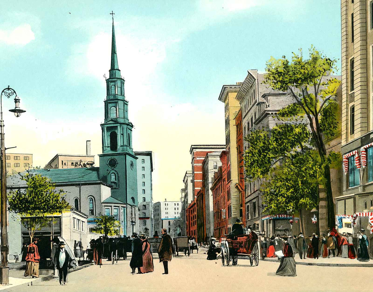 Tremont St Showing Park St Church, Boston, MA in 1907 Vintage Print (7 Sizes)