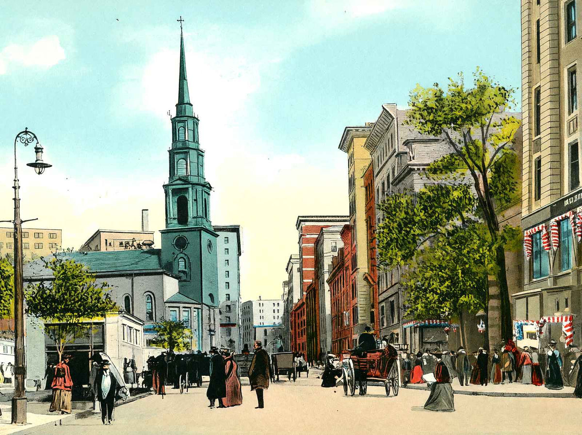 Tremont St Showing Park St Church, Boston, MA in 1907 Vintage Print (7 Sizes)