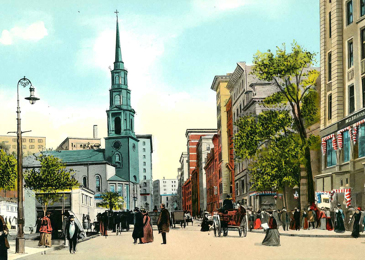 Tremont St Showing Park St Church, Boston, MA in 1907 Vintage Print (7 Sizes)