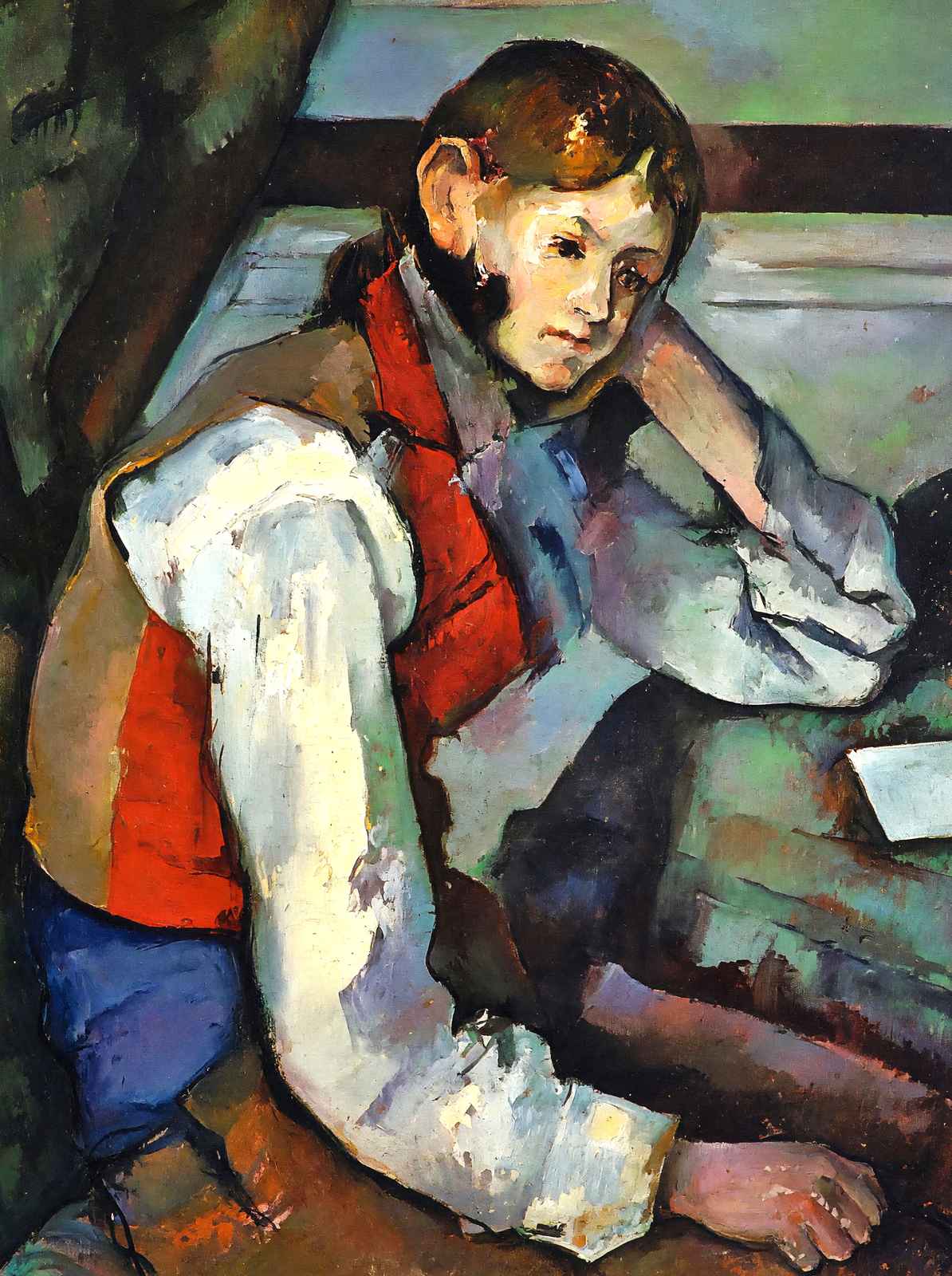 Boy in a Red Vest Art Print 1889 Painting by Paul Cezanne (6 Sizes) - Enhanced