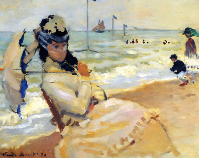 Camille on the Beach at Trouville painting print by Claude Monet (1870)