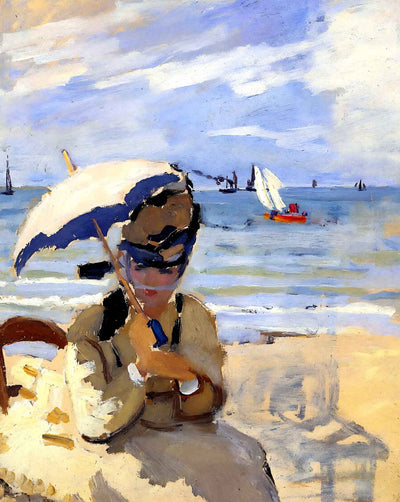 Camille Sitting on the Beach at Trouville fine art print by Claude Monet (1870)