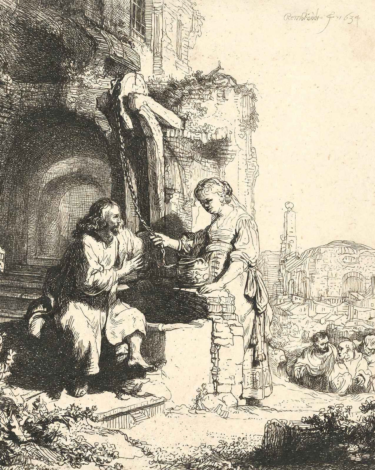 Christ and the Woman of Samaria Among Ruins painting by Rembrandt (1634)