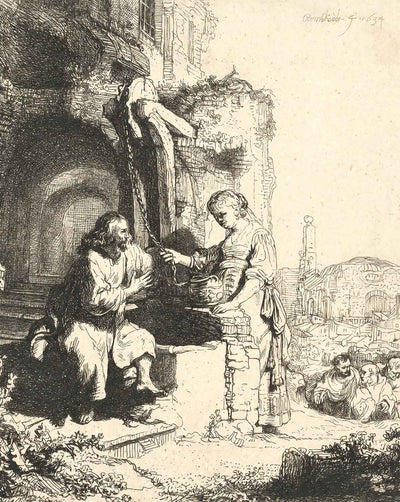 Christ and the Woman of Samaria Among Ruins painting by Rembrandt (1634)