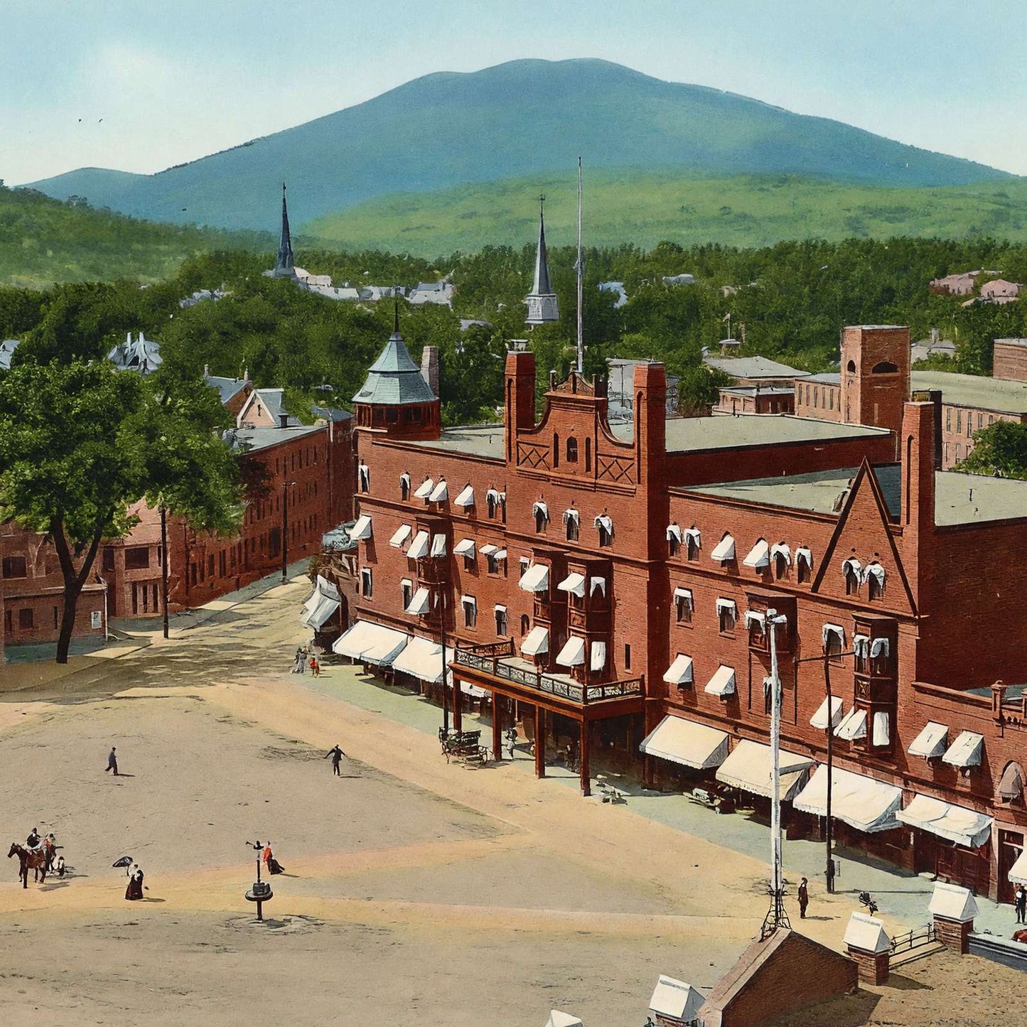 Tremont Square and Hotel Claremont NH in 1908 Vintage Print - Reproduction
