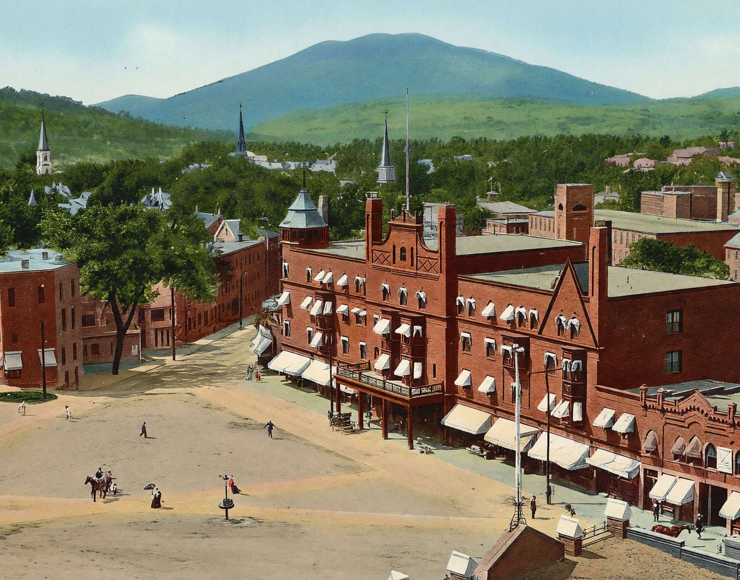 Tremont Square and Hotel Claremont NH in 1908 Vintage Print - Reproduction