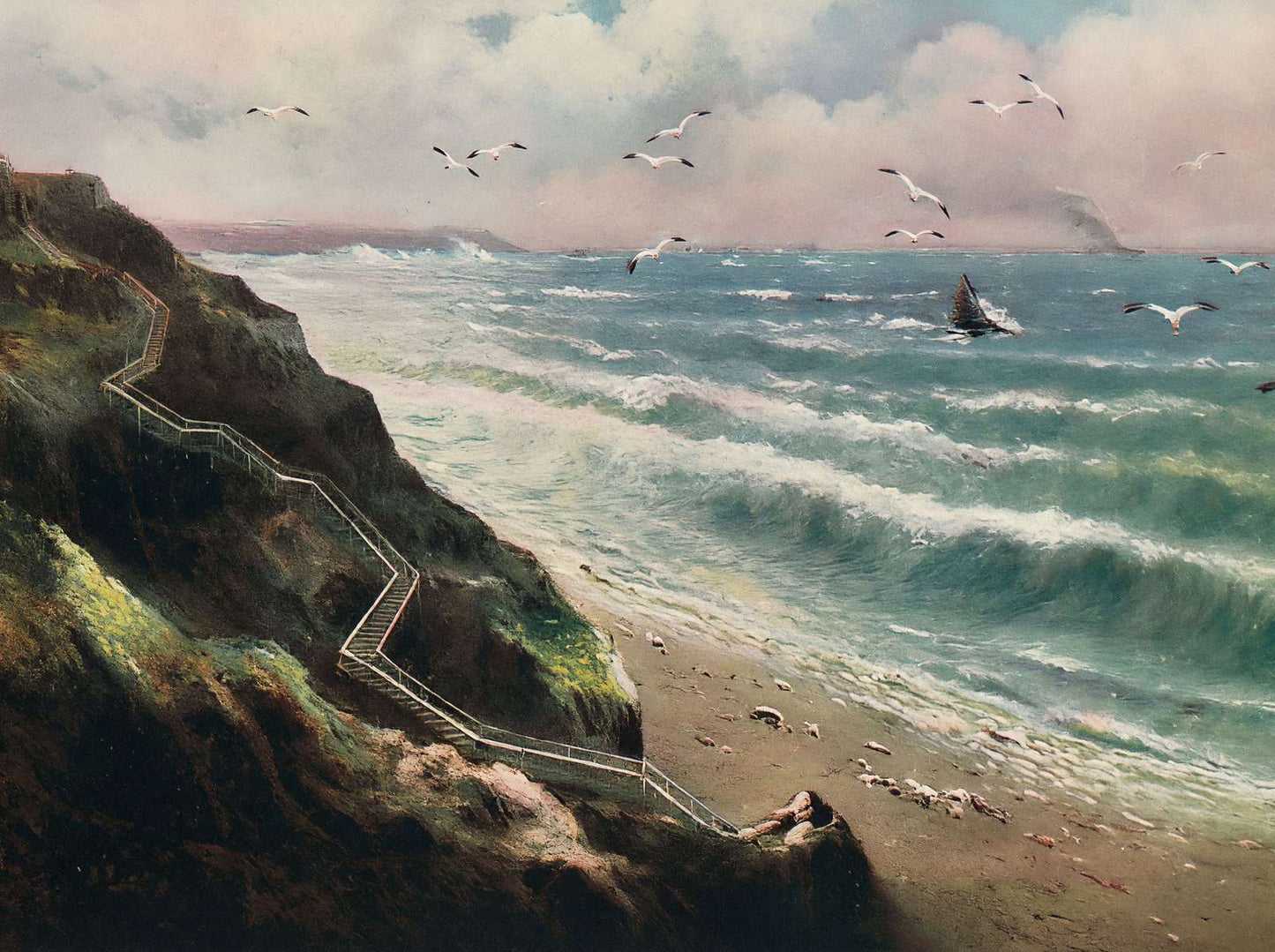 The Cliffs and Steps to the Sands Bournemouth in 1903 Vintage Print (7 Sizes)
