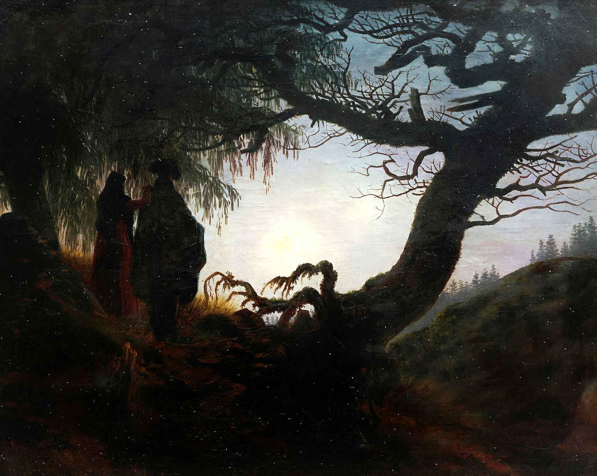 Couple Gazing at the Moon painting print by Caspar David Friedrich (1824)