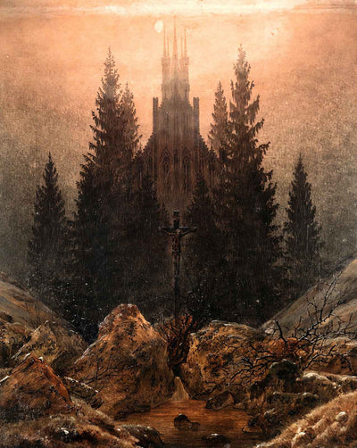 Cross and Church in the Mountains painting print by Caspar David Friedrich (1812)
