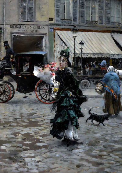 Crossing the Street Painting by Giovanni Boldini Art Print (6 Sizes) - Enhanced