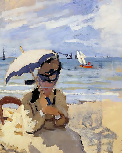 Camille Sitting on the Beach at Trouville Painting by Claude Monet 8x10" Art Print