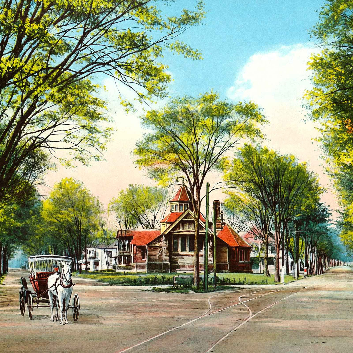 Park and Main Streets, Easthampton, MA in 1908 Vintage Print (7 Sizes)