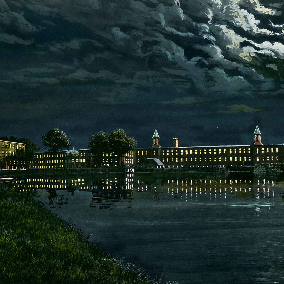 The Mills at Night from Brookside, Easthampton, MA in 1910 Vintage Print