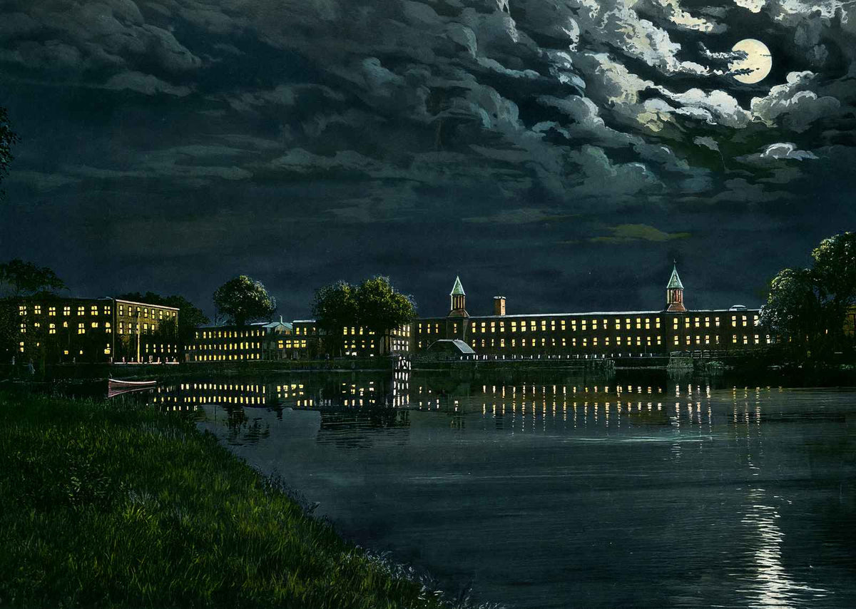 The Mills at Night from Brookside, Easthampton, MA in 1910 Vintage Print