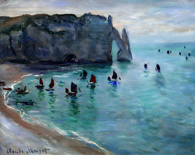 Etretat the Aval Door Fishing Boats Leaving the Harbour fine art print by Claude Monet (1885)