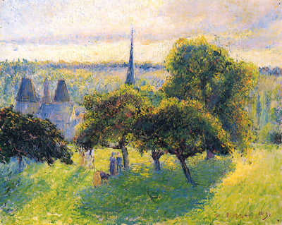 Farm and Steeple at Sunset painting print by Camille Pissarro (1892)
