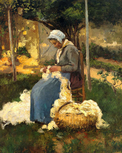 Female Peasant Carding Wool art print by Camille Pissarro (1875)