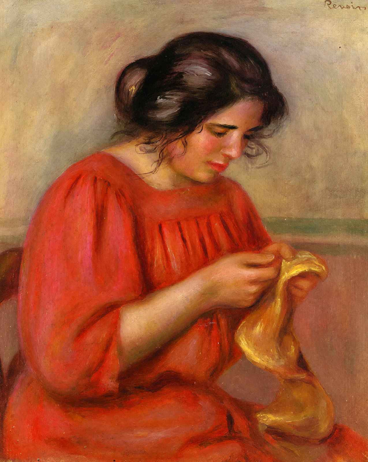 Gabrielle Mending painting by Pierre-Auguste Renoir (1908)