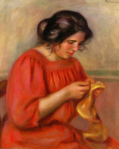 Gabrielle Mending painting by Pierre-Auguste Renoir (1908)