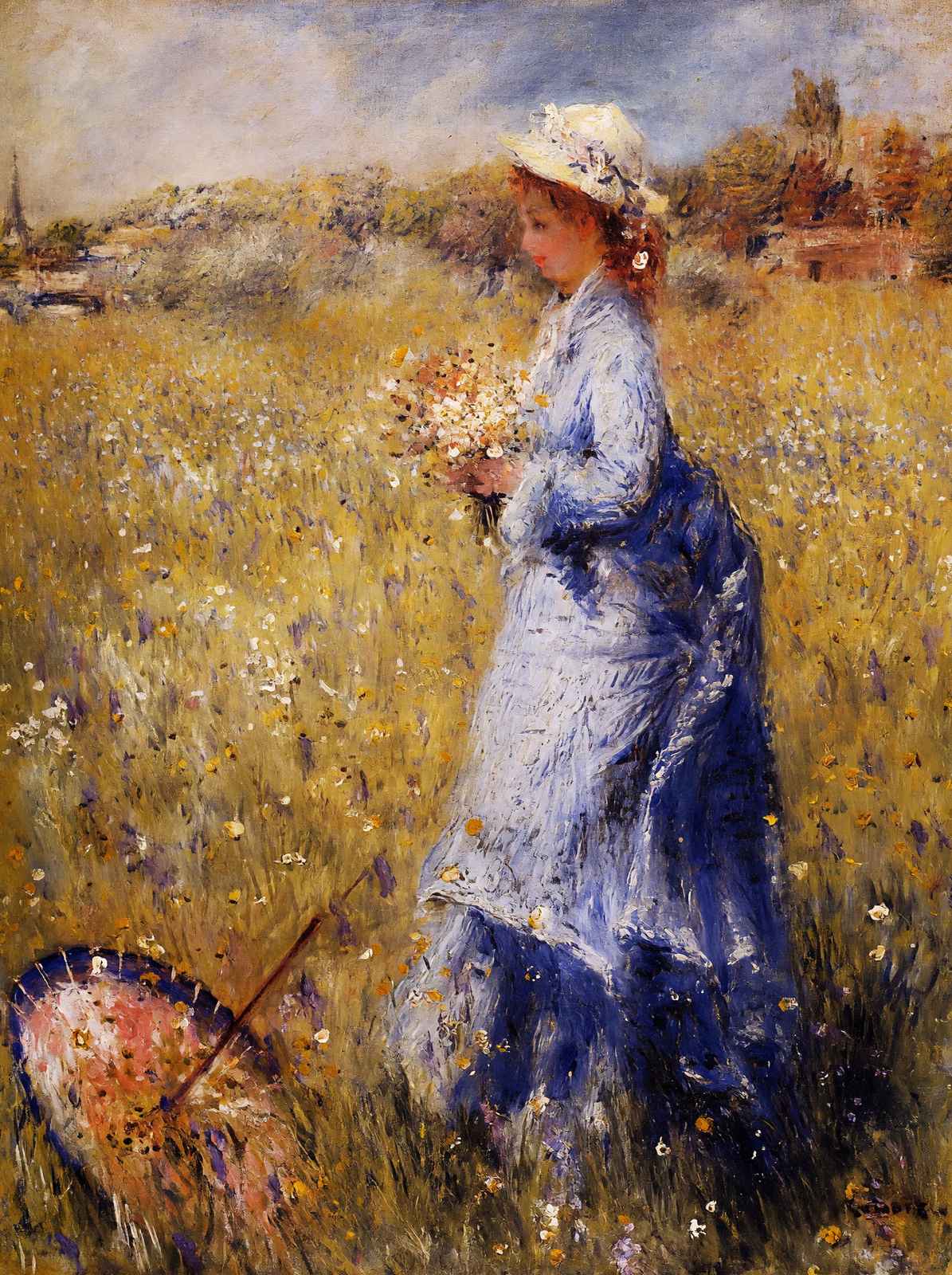 Girl Gathering Flowers Fine Art Print 1872 by Pierre-Auguste Renoir (6 Sizes)