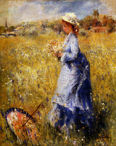 Girl Gathering Flowers Painting by Pierre-Auguste Renoir 8x10" Art Print