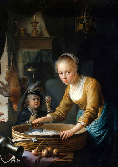 Girl Chopping Onions Painting by Gerrit Dou Fine Art Print (6 Sizes) - Restored