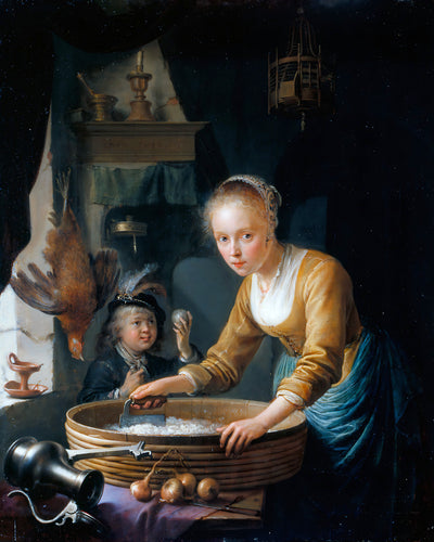 Girl Chopping Onions Painting by Gerrit Dou 8x10" Art Print