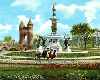 Soldiers Arch and Corning Fountain vintage print