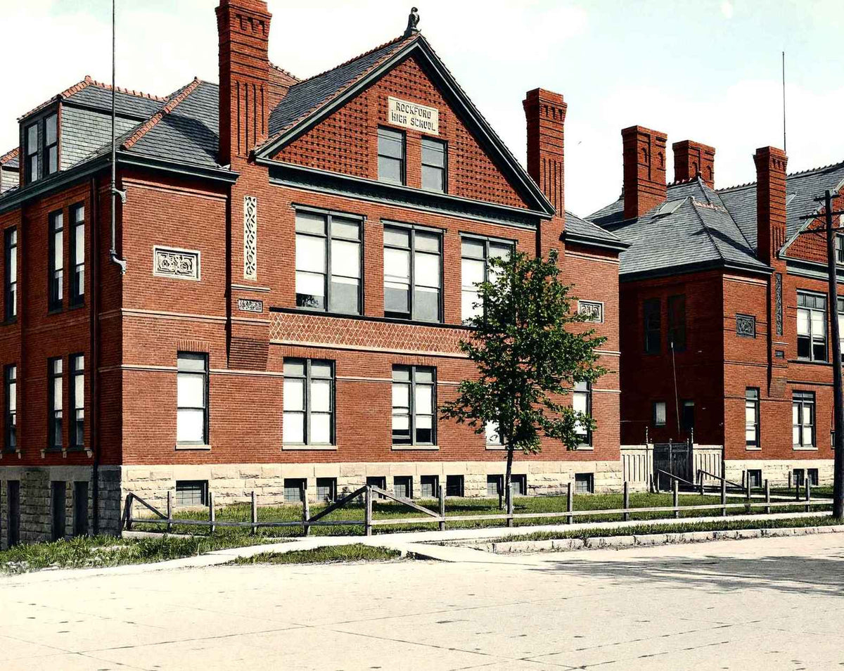 High School in Rockford in 1904 vintage print