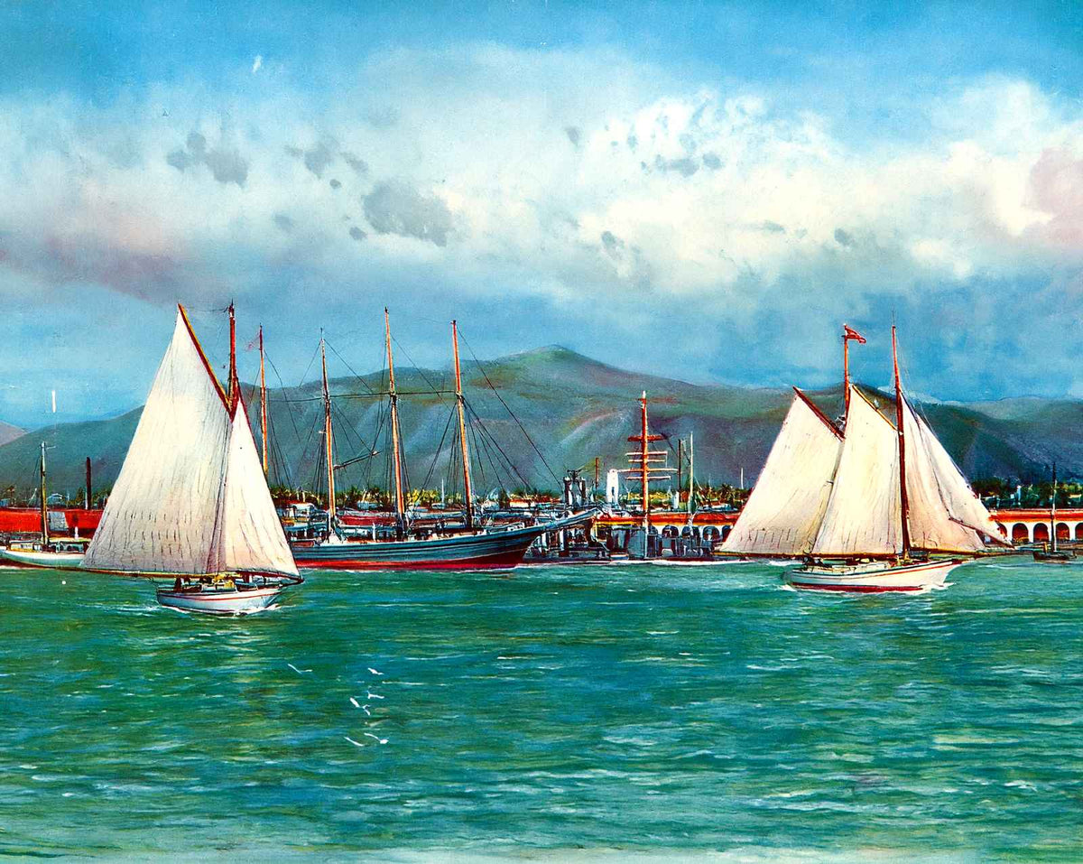 Honolulu Harbor in 1909 vintage print