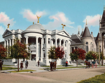 Carnegie Library and Presbyterian Church vintage print