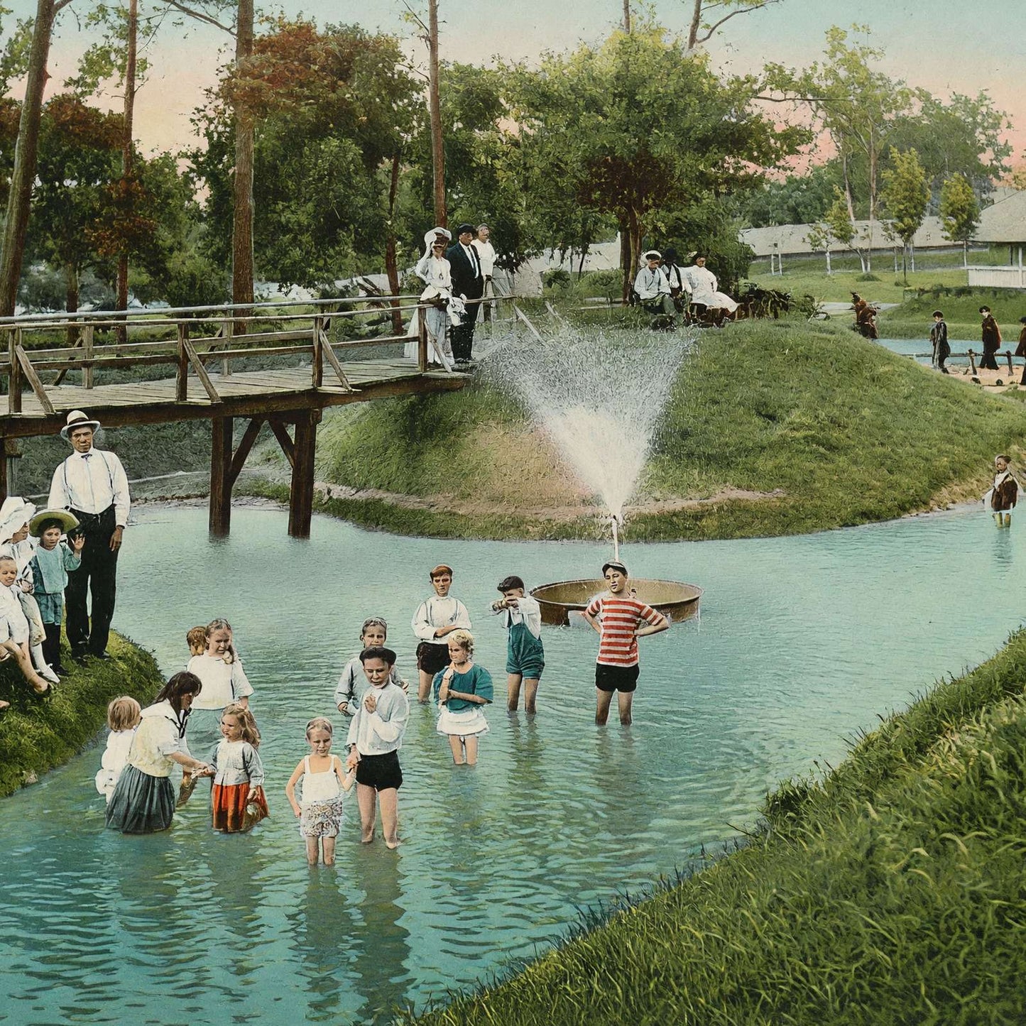 Wading Pond Sam Houston Park in 1907 Vintage Print (7 Sizes) - Retouched