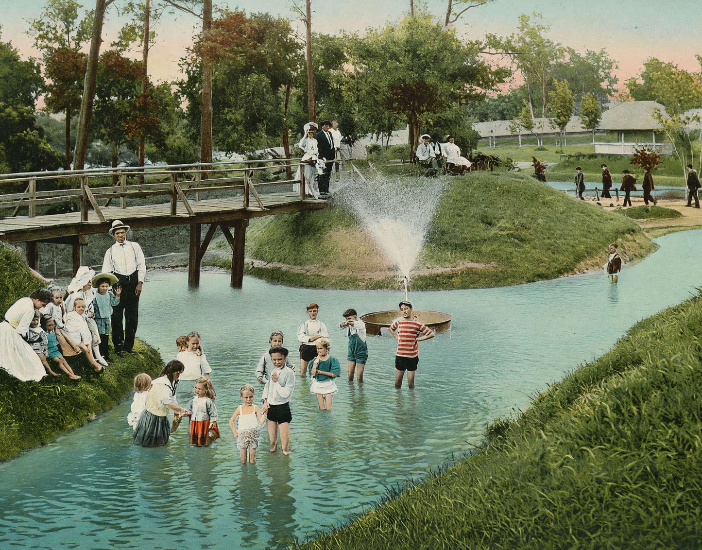 Wading Pond Sam Houston Park in 1907 Vintage Print (7 Sizes) - Retouched