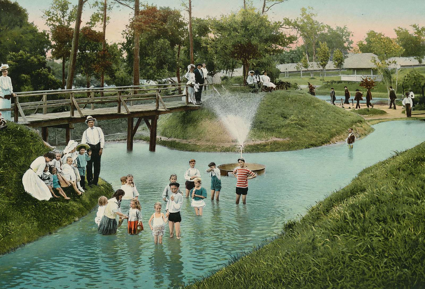 Wading Pond Sam Houston Park in 1907 Vintage Print (7 Sizes) - Retouched