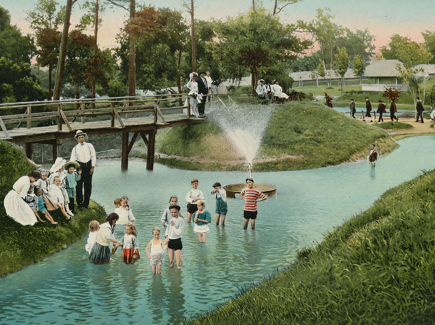 Wading Pond Sam Houston Park in 1907 Vintage Print (7 Sizes) - Retouched