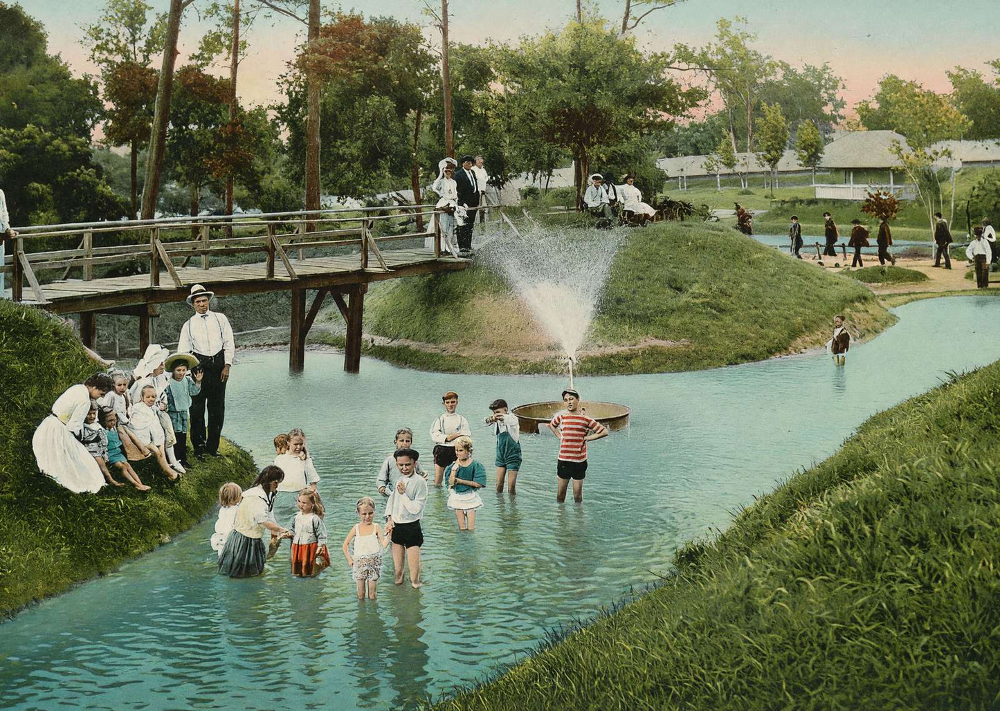 Wading Pond Sam Houston Park in 1907 Vintage Print (7 Sizes) - Retouched