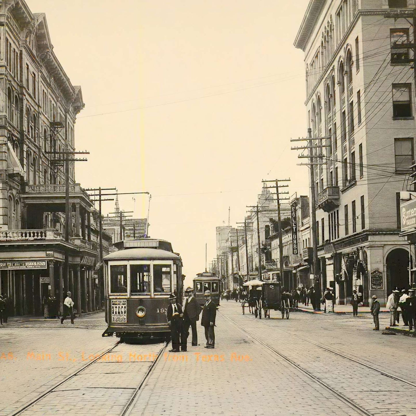 Main St Looking North from Texas Ave Houston in 1907 Vintage Print (7 Sizes)