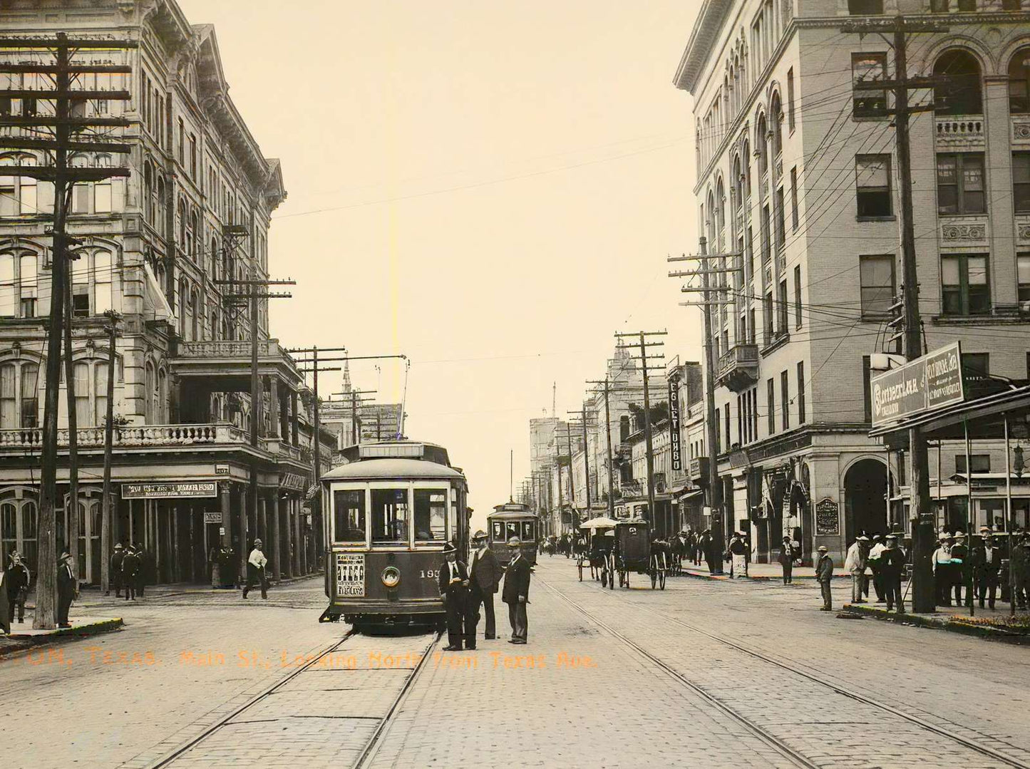 Main St Looking North from Texas Ave Houston in 1907 Vintage Print (7 Sizes)