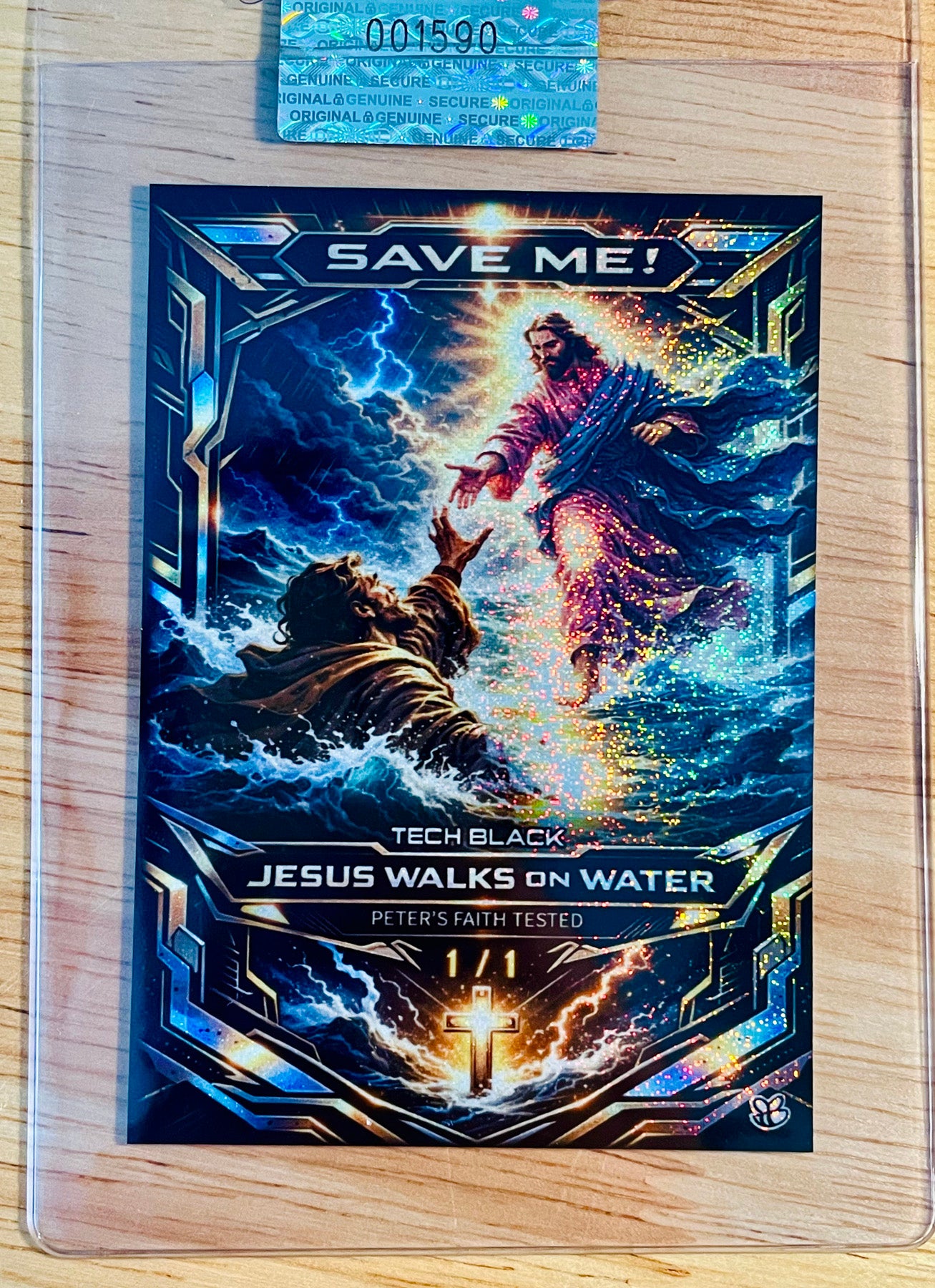 1/1 JESUS Card "Save Me!" Walking on Water TECH BLACK Holo Pixels 2026 GleeBeeCo